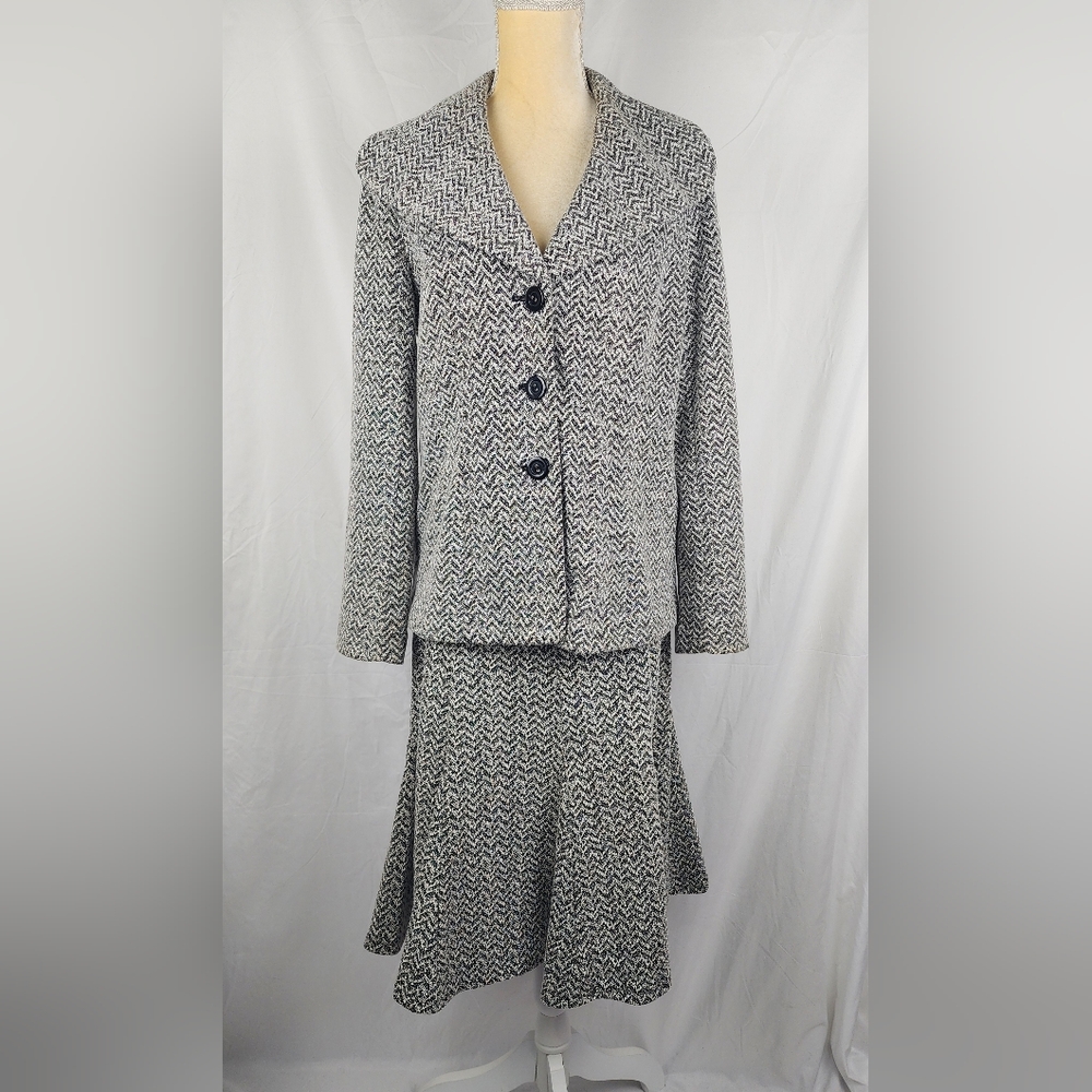 Carole Little Classic Career Minimalist Chevron Flared Skirt 2pc Suit Set sz M